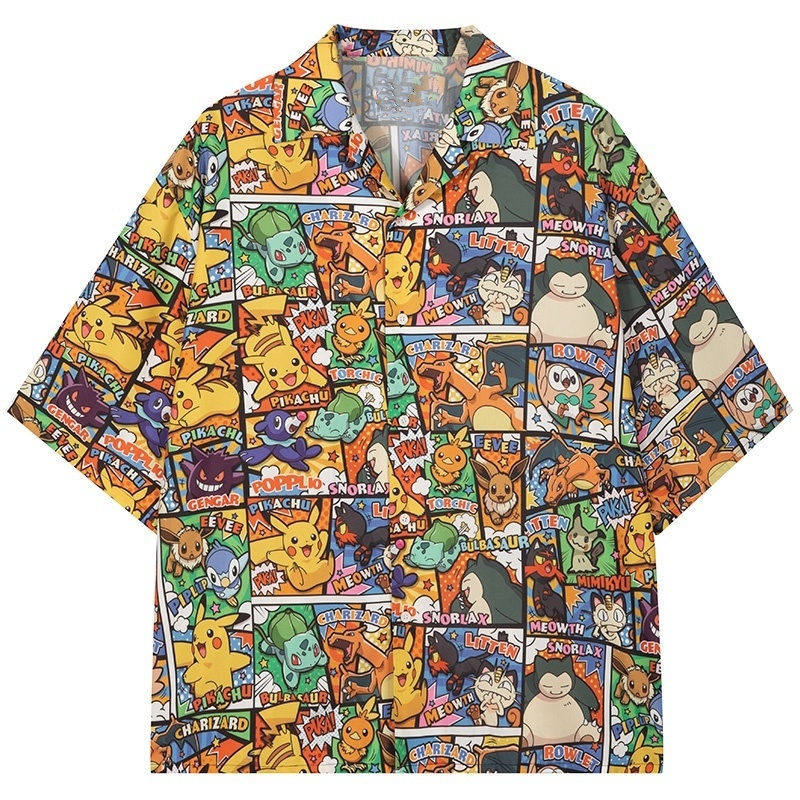 宝可梦衣服短袖衬衫男薄款夏威夷花衬衫情侣装衬衣宽松皮卡丘上衣