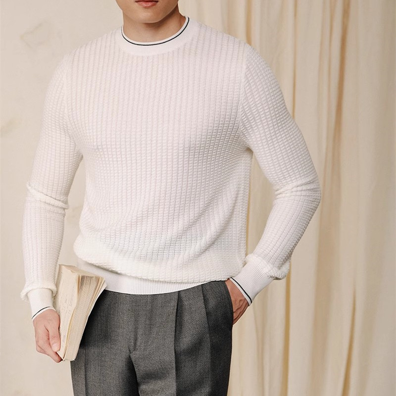 秋冬新款韩版圆领插色格子复古长袖针织衫男韩版修身套头毛衣内搭