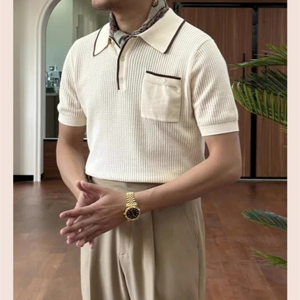 夏季新款意式插色个性复古短袖POLO衫男韩版老钱纯棉翻领针织上衣
