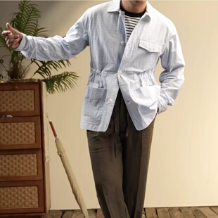 春夏新款英伦纯棉泡泡纱薄款猎装男士韩版休闲翻领中长款防风外套