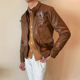 立领皮衣男日系复古皮质多口袋工装 时尚 外套 英伦高定修身 秋冬新款