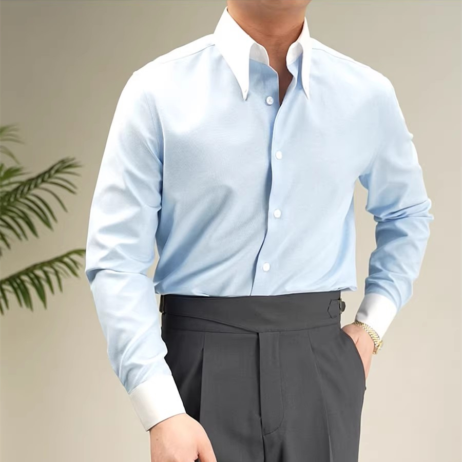 2025春夏新款轻奢英伦异色领长袖衬衫男韩版修身绅士大尖领衬衣帅