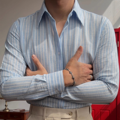 2025秋季新款英伦复古条纹自制长袖衬衣韩版修身时尚温莎领衬衫帅