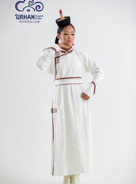 SUUNAI.WRH蒙古袍民族风立领情侣纯色长袖礼服长裙连衣裙腰带白色