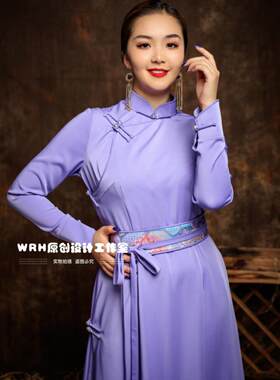 SUUNAI.WRH女装蒙古连衣裙长袖中长款通勤垂感气质纯色立领民族风