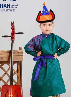 SUUNAI.WRH儿童蒙古袍家庭装男女立领民族风绿色拼接演出走秀礼服