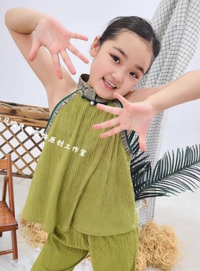 SUUNAI.WRH蒙古元素儿童套装夏季女宝纯色宽松民族风白色绿色舞蹈