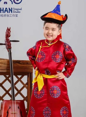 SUUNAI.WRH儿童蒙古袍礼服走秀婚礼家庭装男女民族风领传统红色