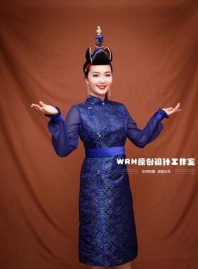 SUUNAI.WRH蒙古女装连衣裙显瘦礼服蓝色通勤长袖气质日常纯色民族