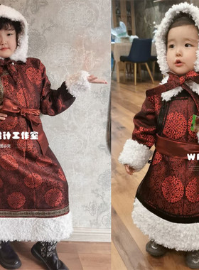 SUUNAI.WRH蒙古童装中长款儿童冬季加厚蒙古袍大衣外套民族风绸缎