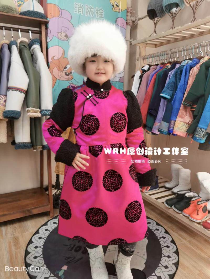 SUUNAI.WRH蒙古童装加厚圆点儿童冬季民族风夹棉棉服蒙古袍绸缎潮