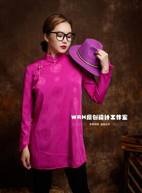 SUUNAI.WRH中长款长袖原创民族风蒙古衬衣玫粉蓝色长通勤立领宽松