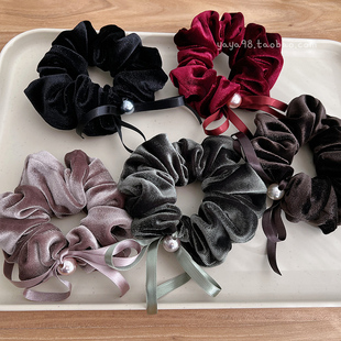 扎高马尾盘发头绳 小珍珠发圈 韩国秋冬细腻丝绒蝴蝶结大肠圈 法式
