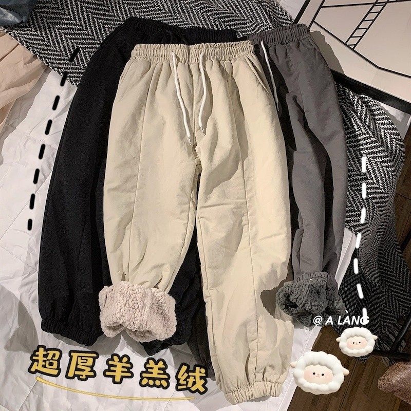羊羔毛裤子男冬季超厚加绒港风大码休闲裤秋冬韩版潮流宽松直筒裤