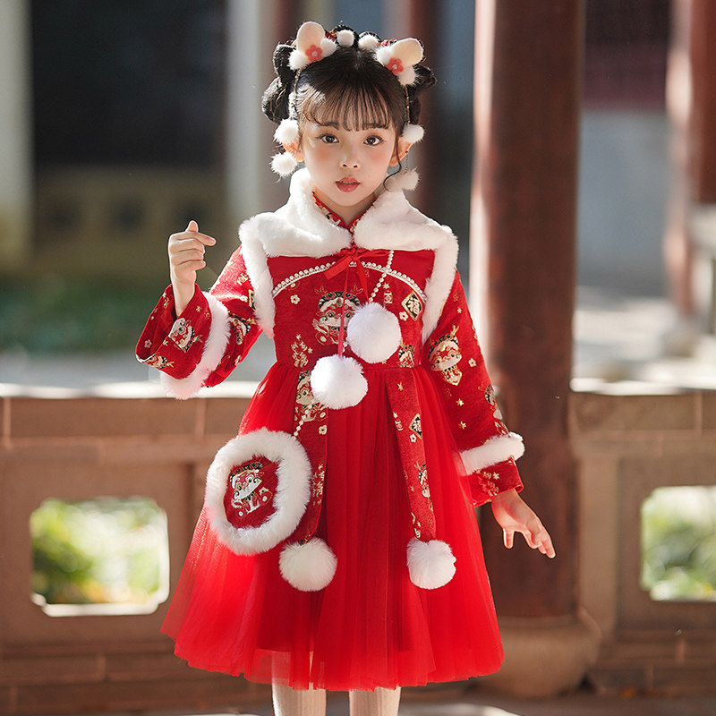 女宝拜年服裙子新年衣服女童连衣裙冬季儿童装过年汉服公主裙冬款
