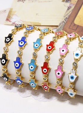 蓝色眼睛法蒂玛之手手链女欧美小众高级感恶魔之眼个性复古配饰