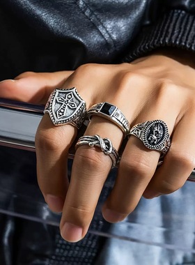 4个一套装戒指vintage复古欧美朋克风小众暗黑系独特指环高级感