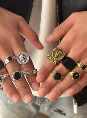 复古骷髅方戒6件套戒指男欧美朋克风嘻哈潮流夸张小众指环套装
