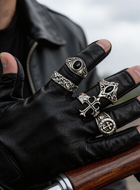 复古黑色十字架5件套戒指套装男机车风嘻哈潮流朋克暗黑系指环