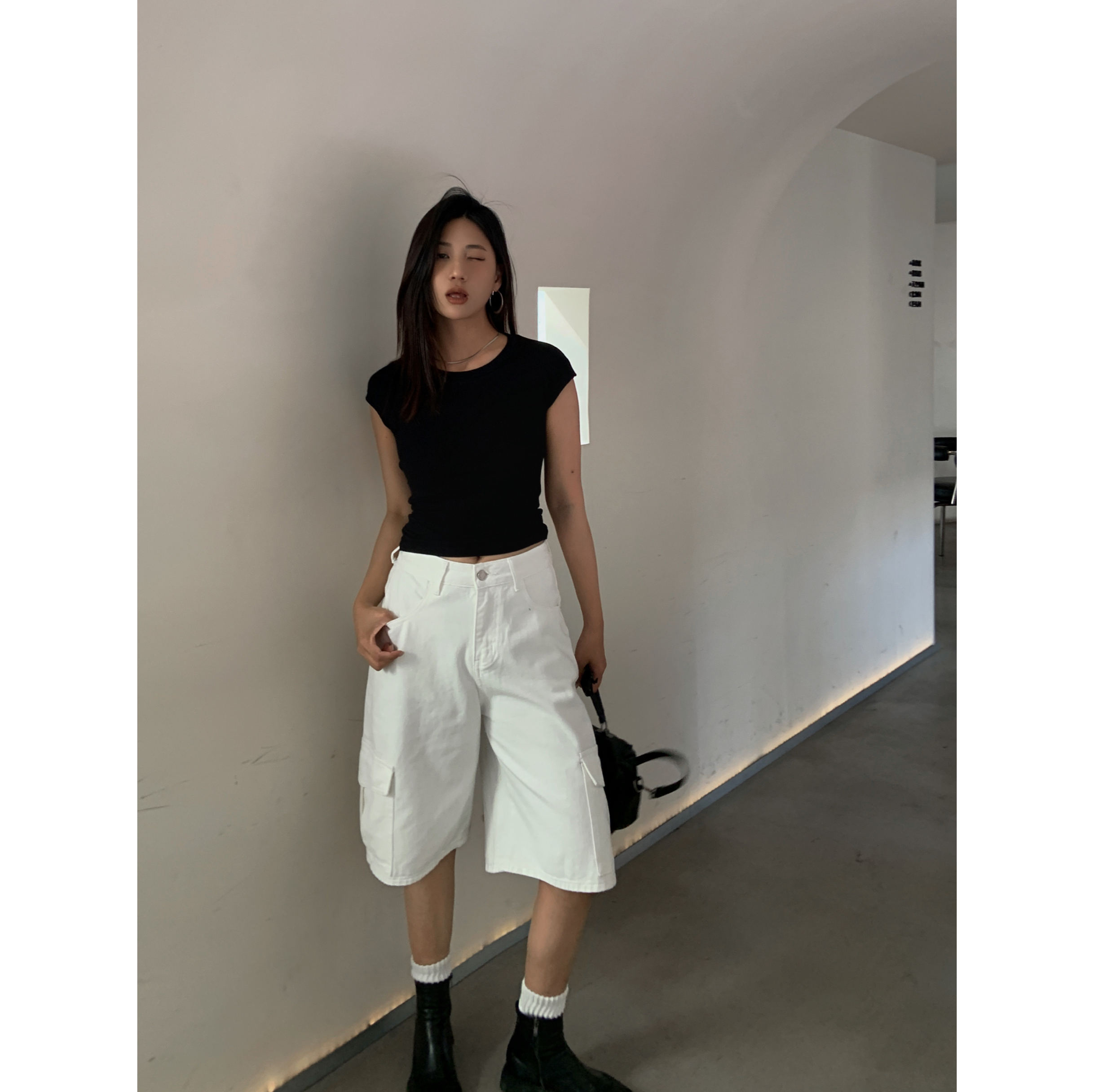 不咸cheese  白色工装裤夏季高腰显瘦阔腿直筒休闲五分裤男女