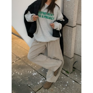 不咸cheese 美式复古加绒字母印花圆领灰色卫衣女宽松休闲百搭