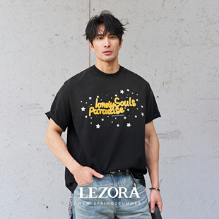 T恤男夏 洗水破坏vintage星光灯牌宽松短袖 LEZORA 怀旧太空漫游