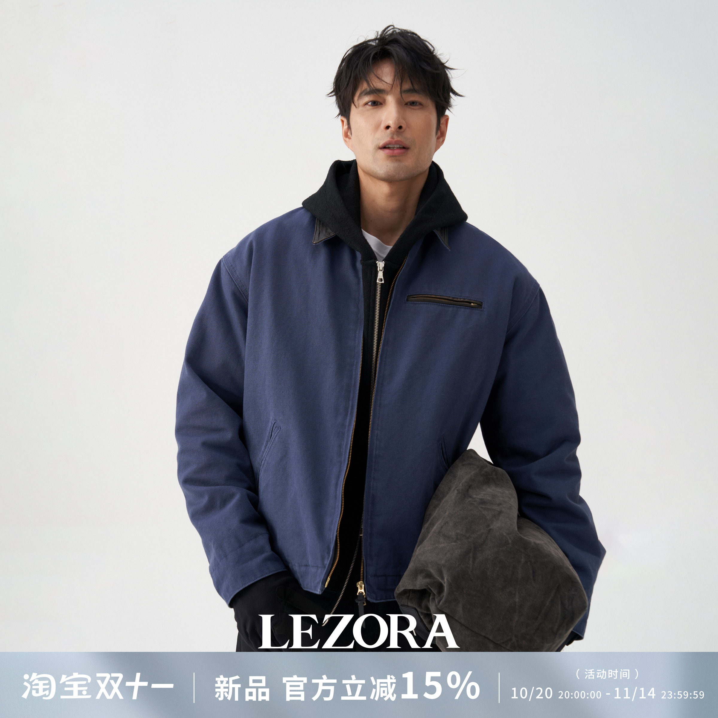 LEZORA重水洗帆布牛皮领夹克