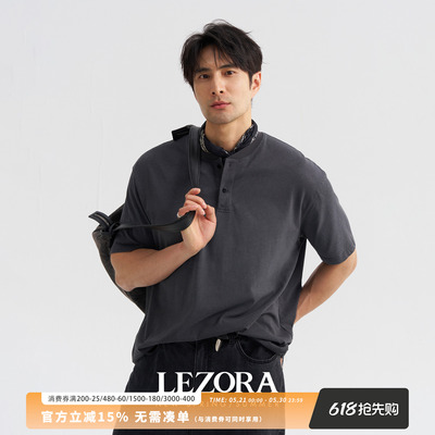 LEZORA亚麻棉透气做旧亨利领T恤