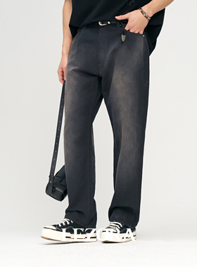 LEZORA B*C同款8.9oz亚麻棉vintage水洗复古黑直筒牛仔裤男