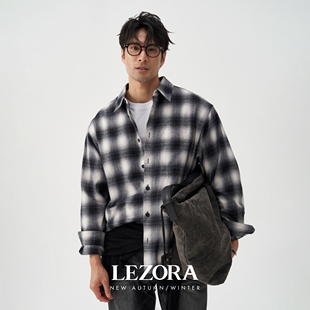LEZORA 日本全棉法兰绒plaid shirt秋冬黑白格纹衬衫 男 宝藏百搭