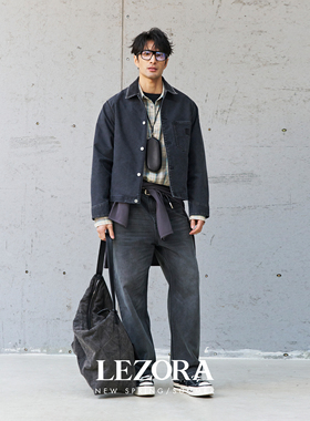 LEZORA工装棉质帆布成衣水洗vintage洗褪 黑灰硬装直筒裤男