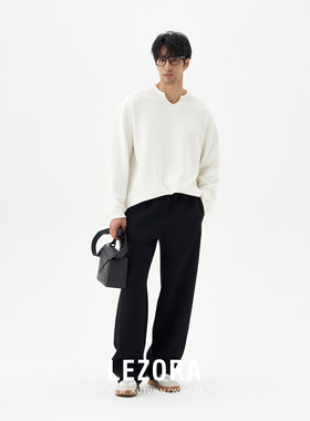 LEZORA 重磅425g空气层 秋冬宽松直筒黑色弯刀裤休闲卫裤男L50