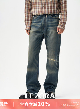LEZORA 工装补丁大猫须vintage破坏！美国cone denim直筒牛仔裤男