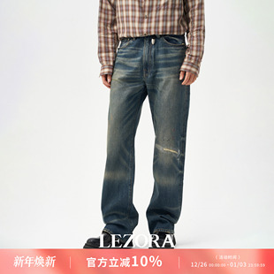 denim直筒牛仔裤 LEZORA 美国cone 补丁大猫须vintage破坏 男 工装