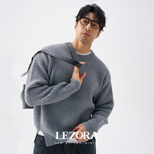 粗坑条开衩廓形毛衣男冬 复古厚款 LEZORA秋冬大件 澳洲粗纺羊毛