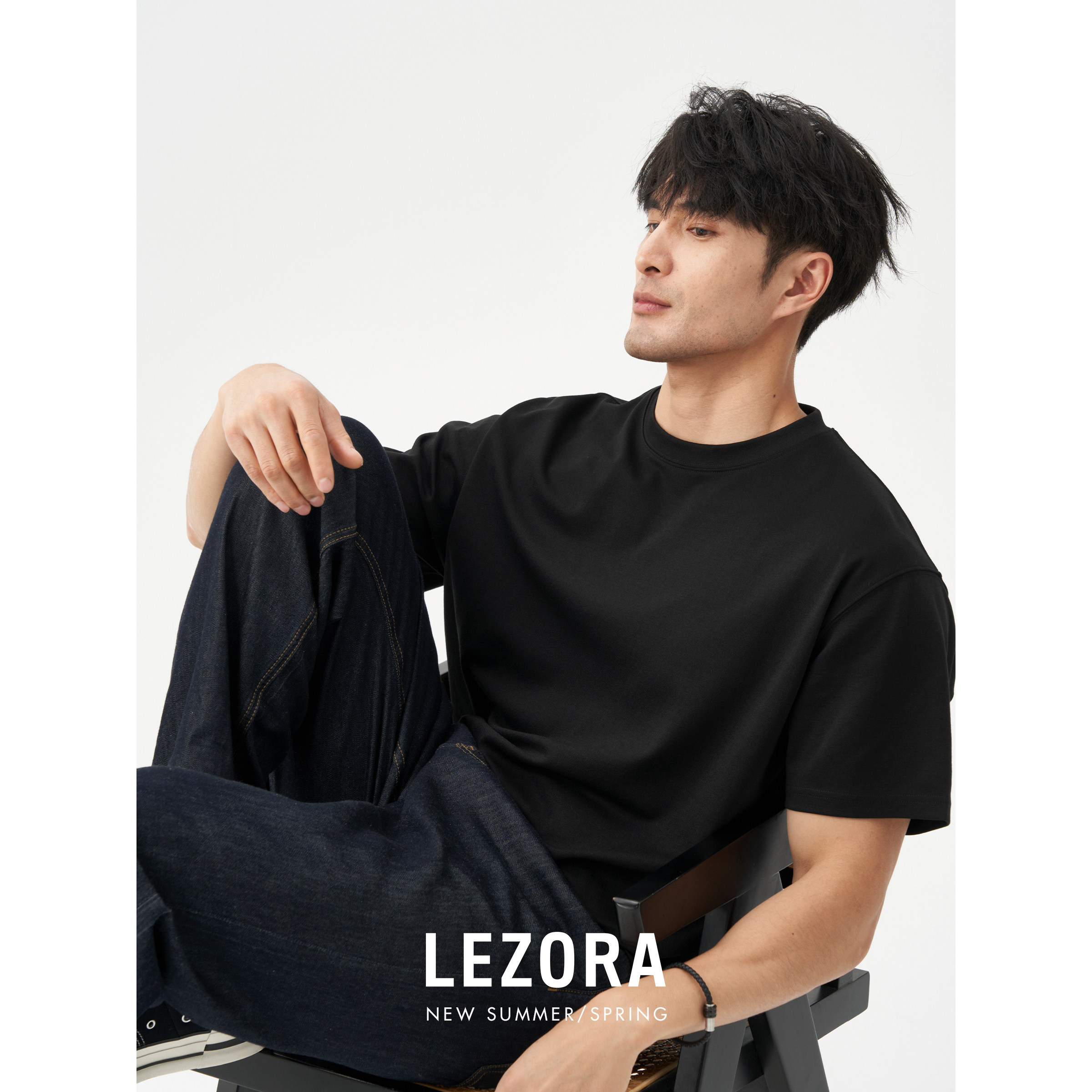 LEZORA设计师微廓款！进口针织三醋酸天丝宽松短袖T恤男 基础多色 - 实物图