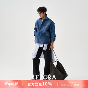 工装 重磅360g鼹鼠皮复古做旧法式 夹克男 Moleskin法工蓝 LEZORA