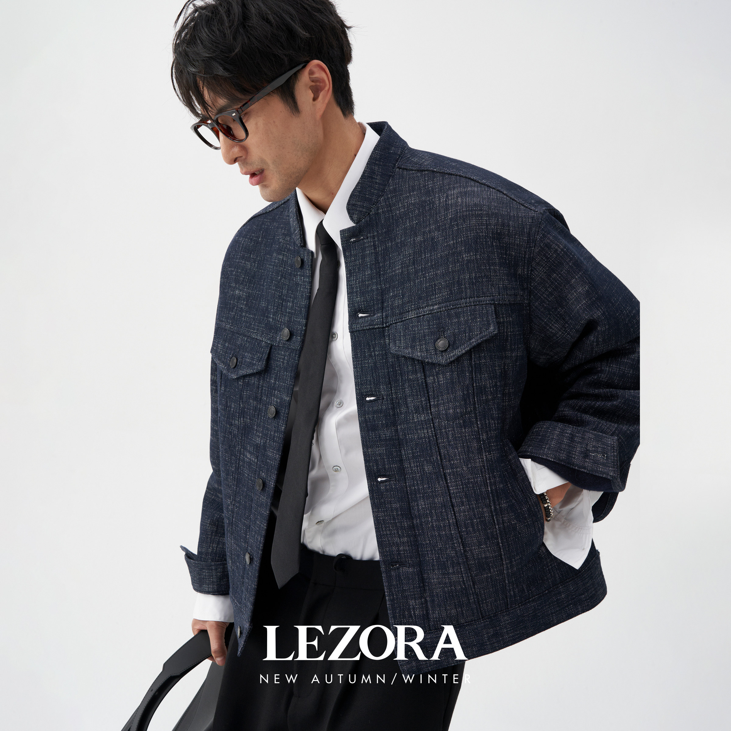 LEZORA双层厚织羊毛牛仔 设计师立领卡车司机牛仔夹克外套秋冬男