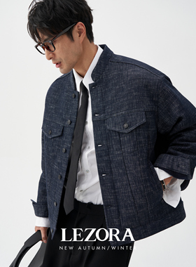 LEZORA双层厚织羊毛牛仔 设计师立领卡车司机牛仔夹克外套秋冬男