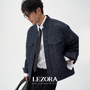 LEZORA双层厚织羊毛牛仔 设计师立领卡车司机牛仔夹克外套秋冬男