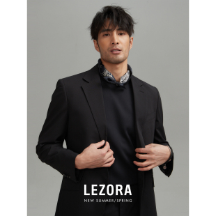 LEZORA 进口醋酸面料 平驳领单排扣黑色醋酸西服男宾霸内衬