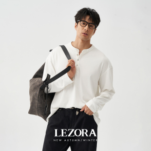 LEZORA 硬汉row感！贴身裸感260g sorona混棉亨利领白色长袖T恤男