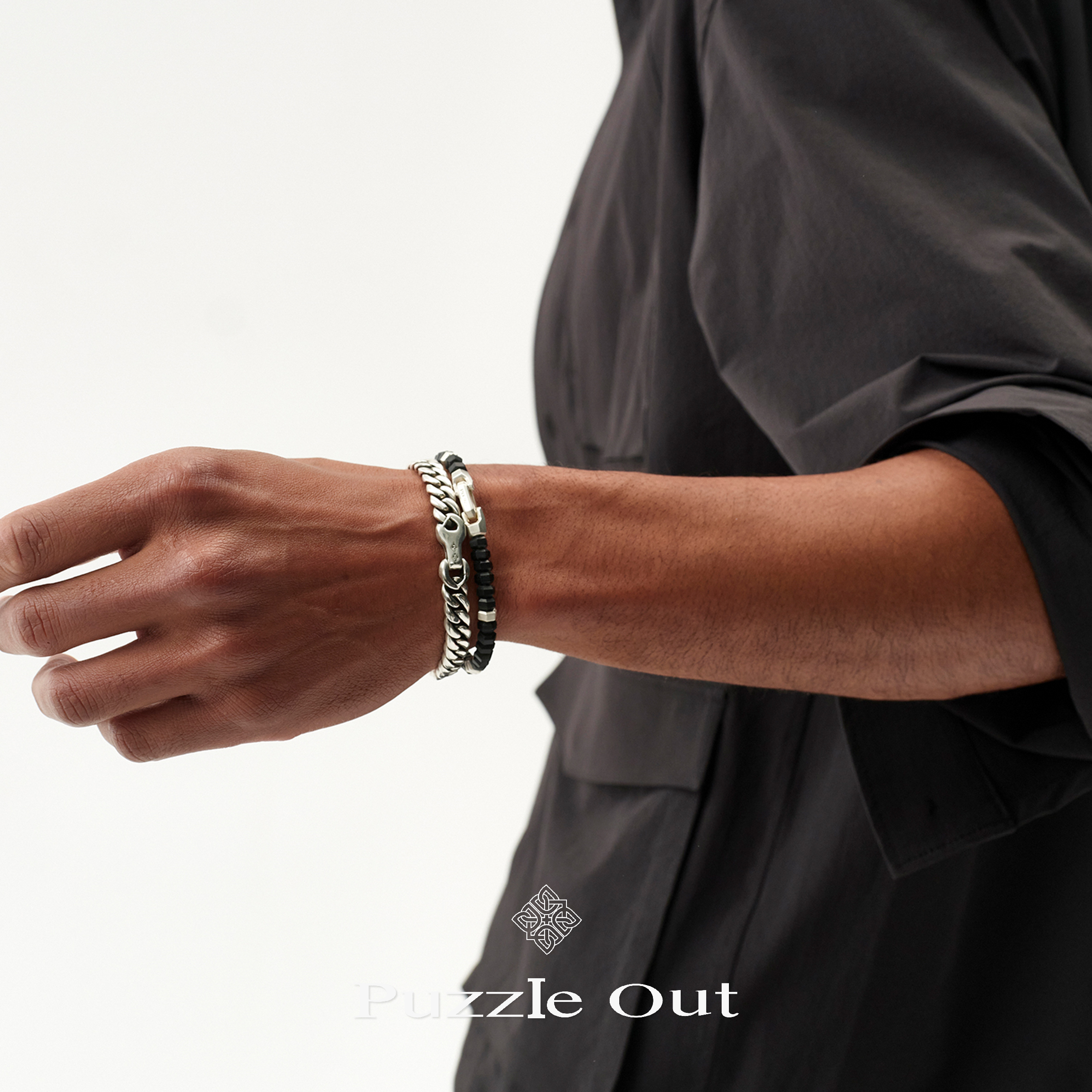 PUZZLEOUT黑曜石纯银六角珠手链