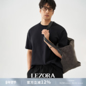 LEZORA美产300g重磅supima双面液氨匹马棉 宽松落肩黑色短袖 T恤男