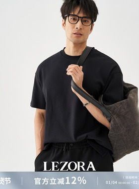 LEZORA美产300g重磅supima双面液氨匹马棉 宽松落肩黑色短袖T恤男