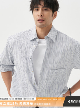 LEZORA 进口立体褶皱细条纹 强肌理松弛感大口袋长袖蓝色衬衫男