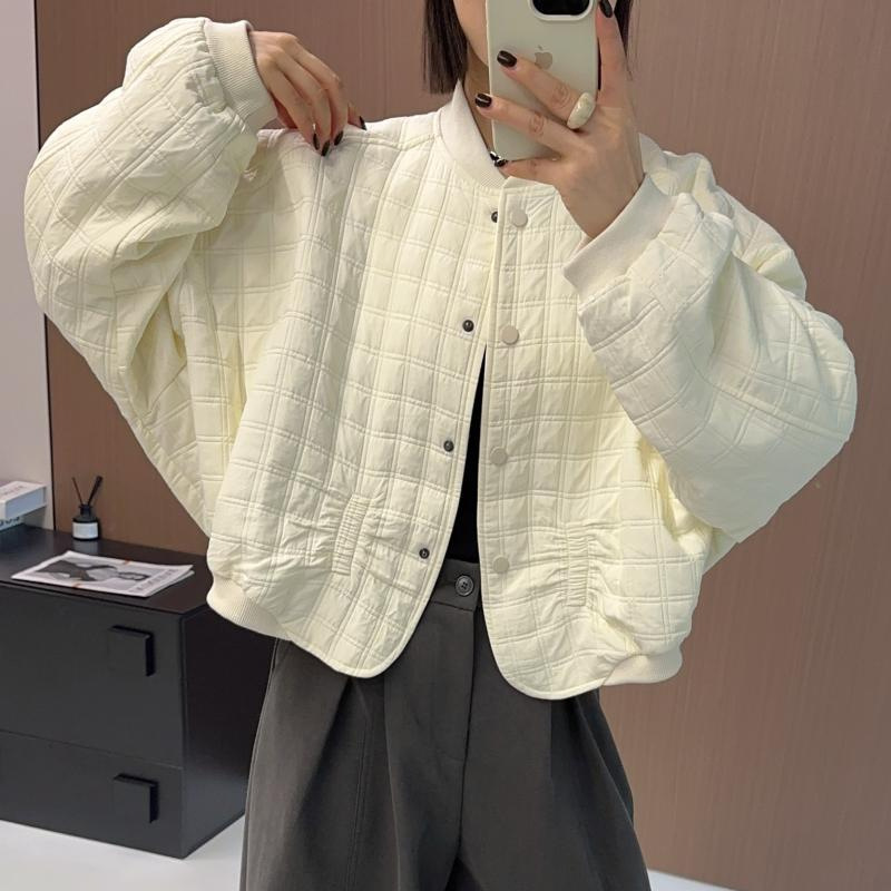 2025秋新款韩版时尚圆领灯笼袖菱形格薄棉短外套女宽松棒球服