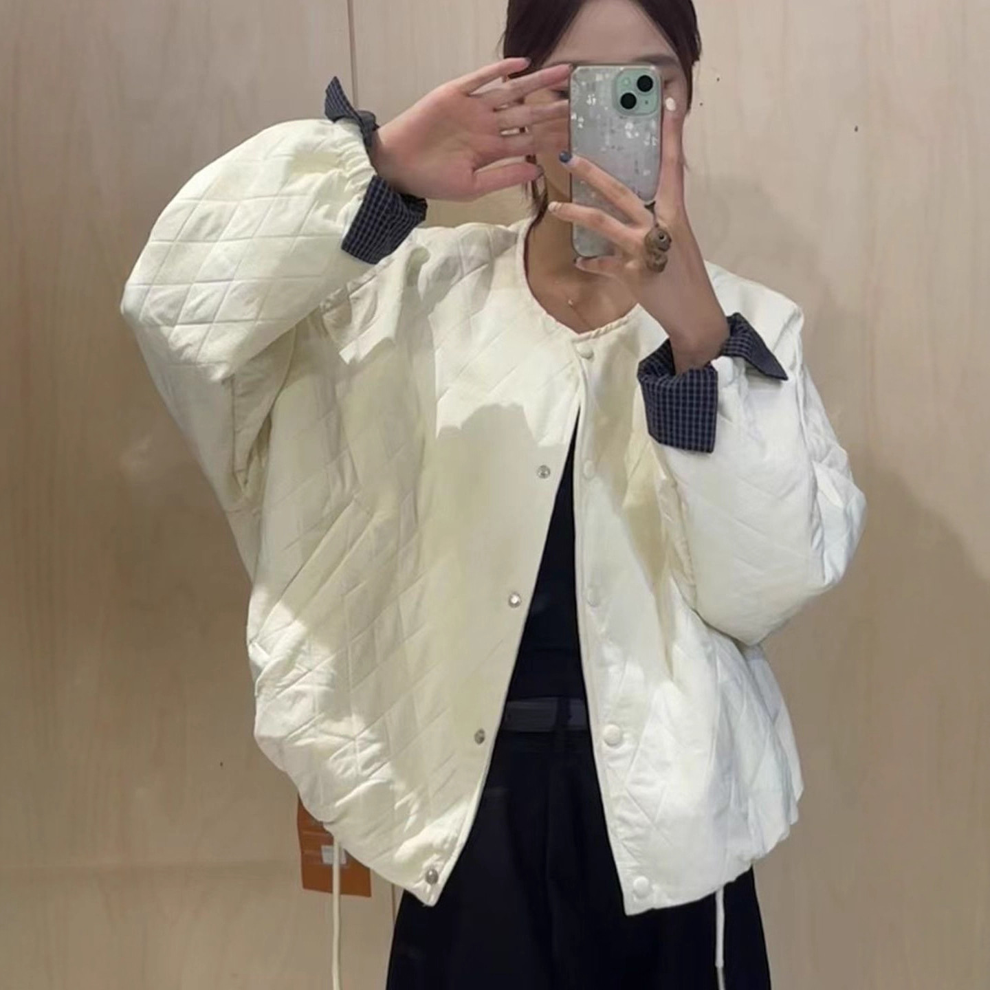 欧货圆领菱形格短款棉衣外套女秋冬新款宽松休闲拼接袖口外套上衣