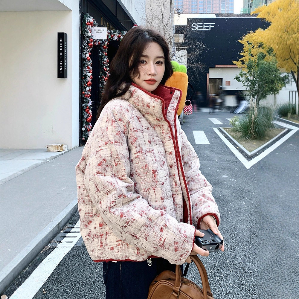 短款立领印花棉服女款2025新款冬季今年流行爆款巨好看的夹棉外套
