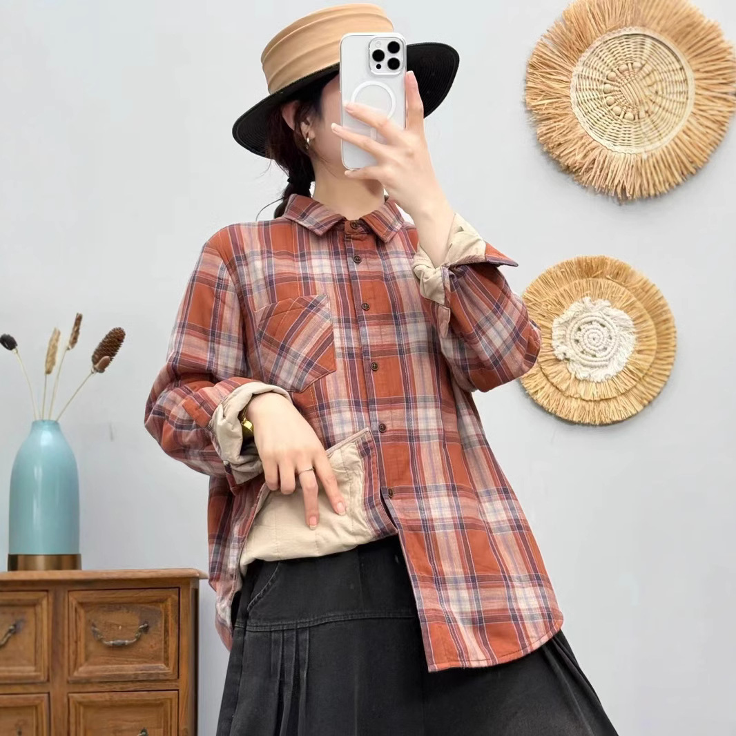 2024秋冬新款格子加棉衬衫女加厚夹棉保暖长袖衬衫纯棉格外套上衣